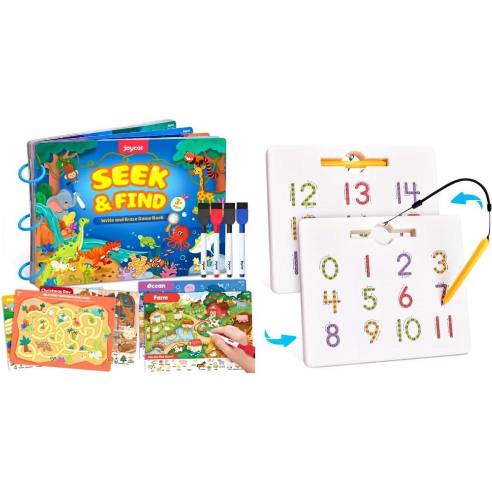GAMENOTE Magnetic Number Tracing Board+JoyCat Seek & Find Game Books – Preschool Learning Activity for Toddlers & Kids Ages 3-5, Travel Activities Toys for Road Trip Car Airplane
