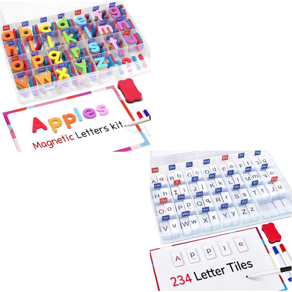 Gamenote Classroom Magnetic Alphabet Letters Kit+Classroom Magnetic Letter Tiles for Phonics and Spelling-JoyCat 234 Foam Alphabet Tiles Magnetic Letters with Double-Side Magnet Board and Compartment