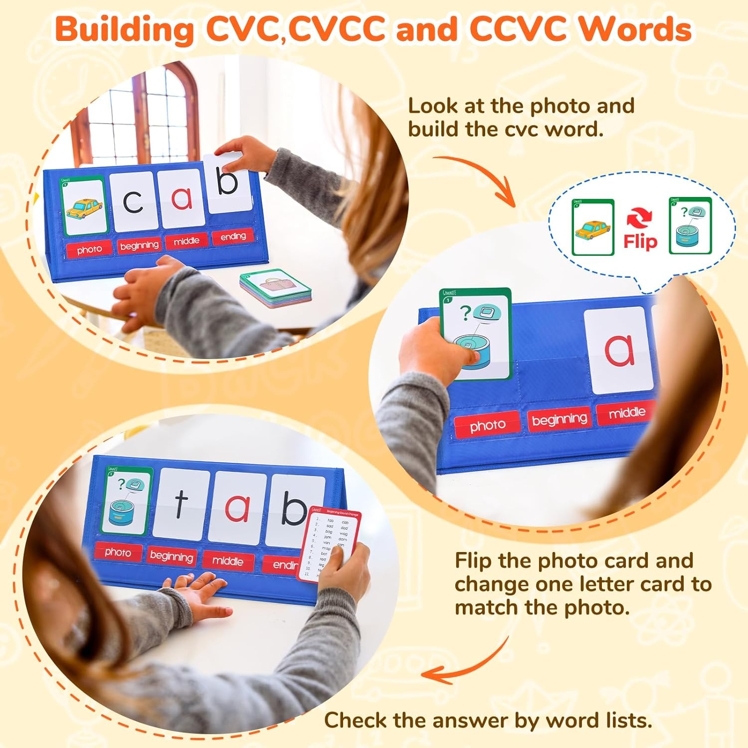 Word Building Desktop Pocket Chart Tent Flash Cards Kit+ Math Flash Cards and Chart, CVC Words Phonics Games Blending Board for Kindergarten Reading and Spelling