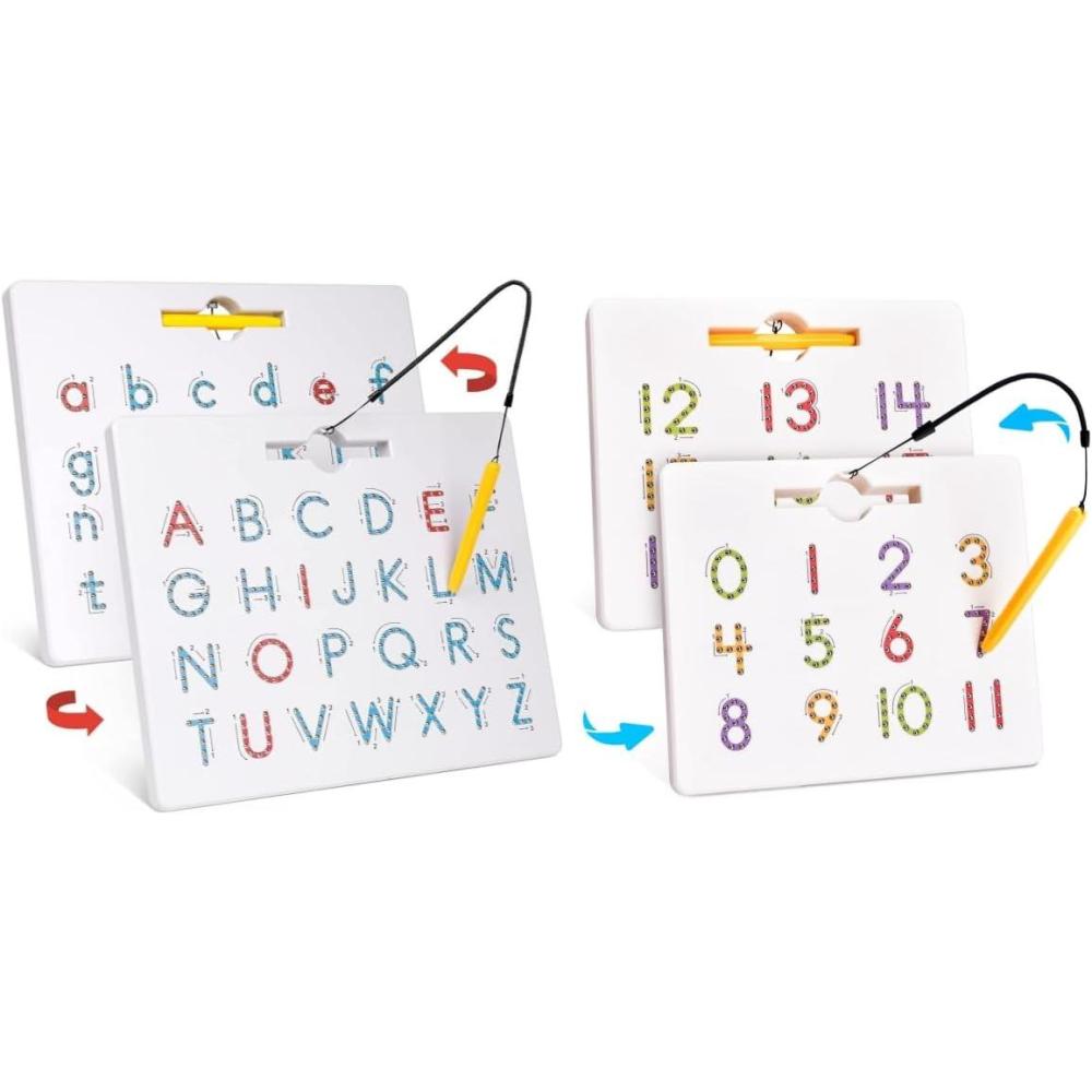 Gamenote Double Sided Magnetic Letter Board – 2 in 1 Alphabet Magnets Tracing Board for Toddlers ABC Letters Uppercase & Lowercase Practicing Learning Education Toys + Magnetic Number Tracing Board, 2
