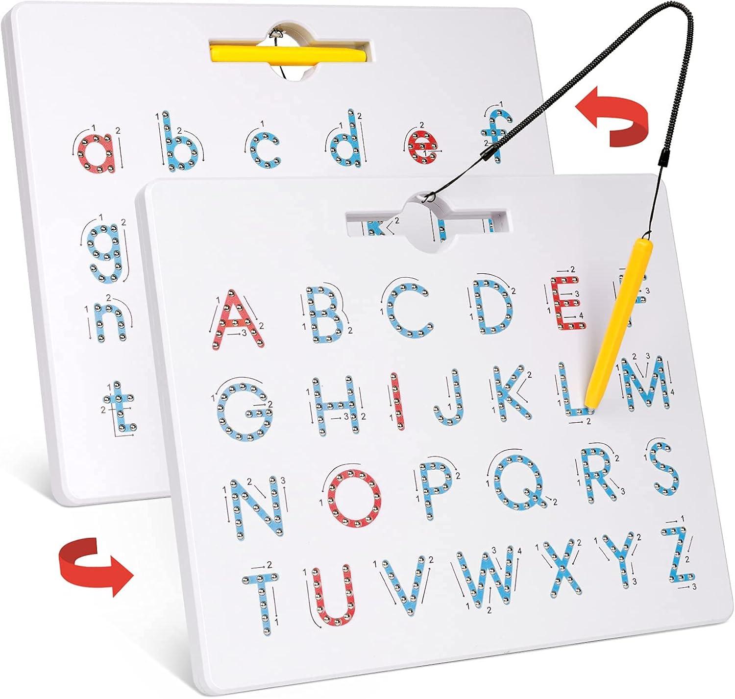 Gamenote Double Sided Magnetic Letter Board – 2 in 1 Alphabet Magnets Tracing Board for Toddlers ABC Letters Uppercase & Lowercase Practicing Learning Education Toys + Magnetic Number Tracing Board, 2