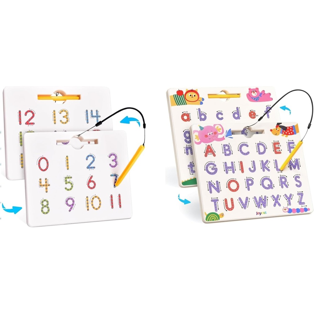 GAMENOTE Magnetic Number Tracing Board, 2 in 1 Double Sided Numbers 1-20 Writing Board + JoyCat Magnetic Animal Letter Tracing Board, Double-Sided ABC Magnets for Toddlers