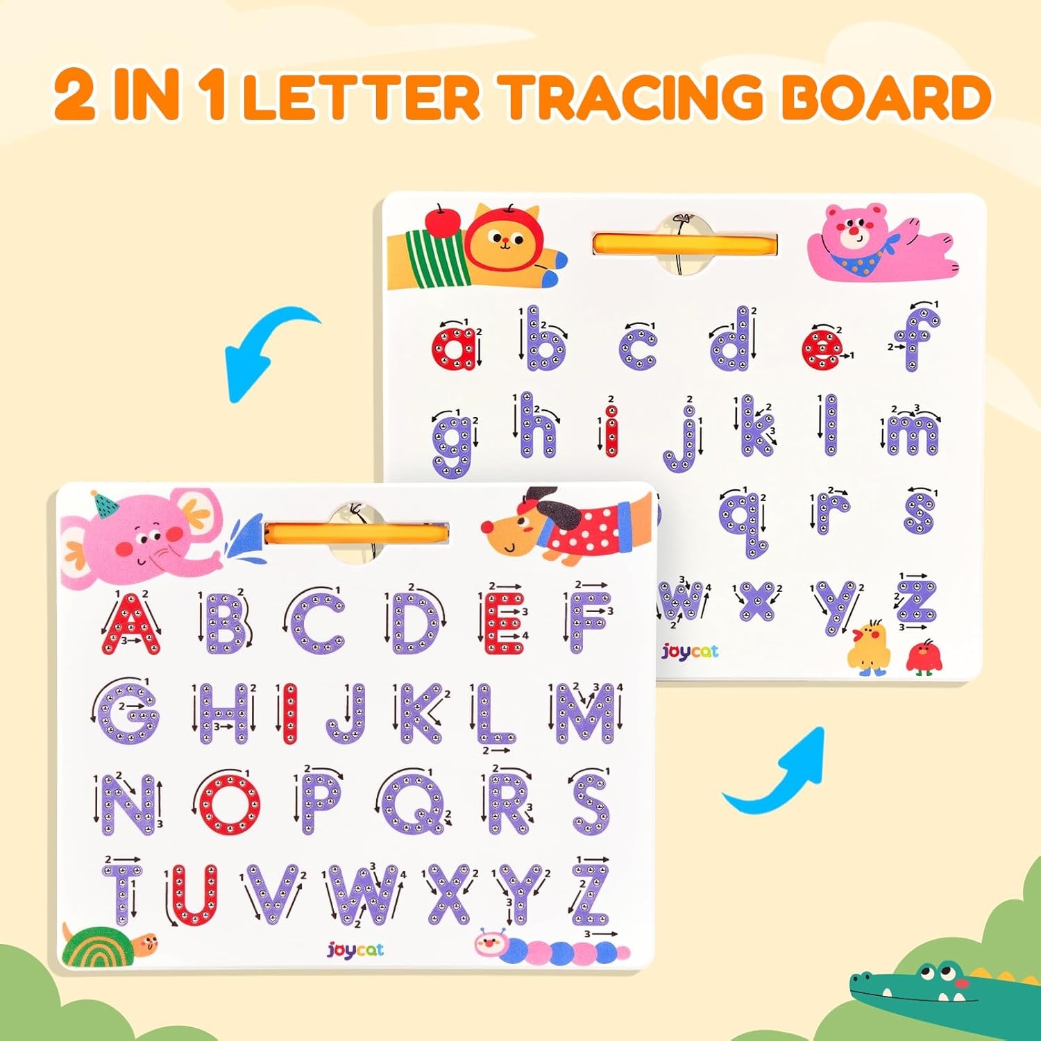 GAMENOTE Magnetic Number Tracing Board, 2 in 1 Double Sided Numbers 1-20 Writing Board + JoyCat Magnetic Animal Letter Tracing Board, Double-Sided ABC Magnets for Toddlers