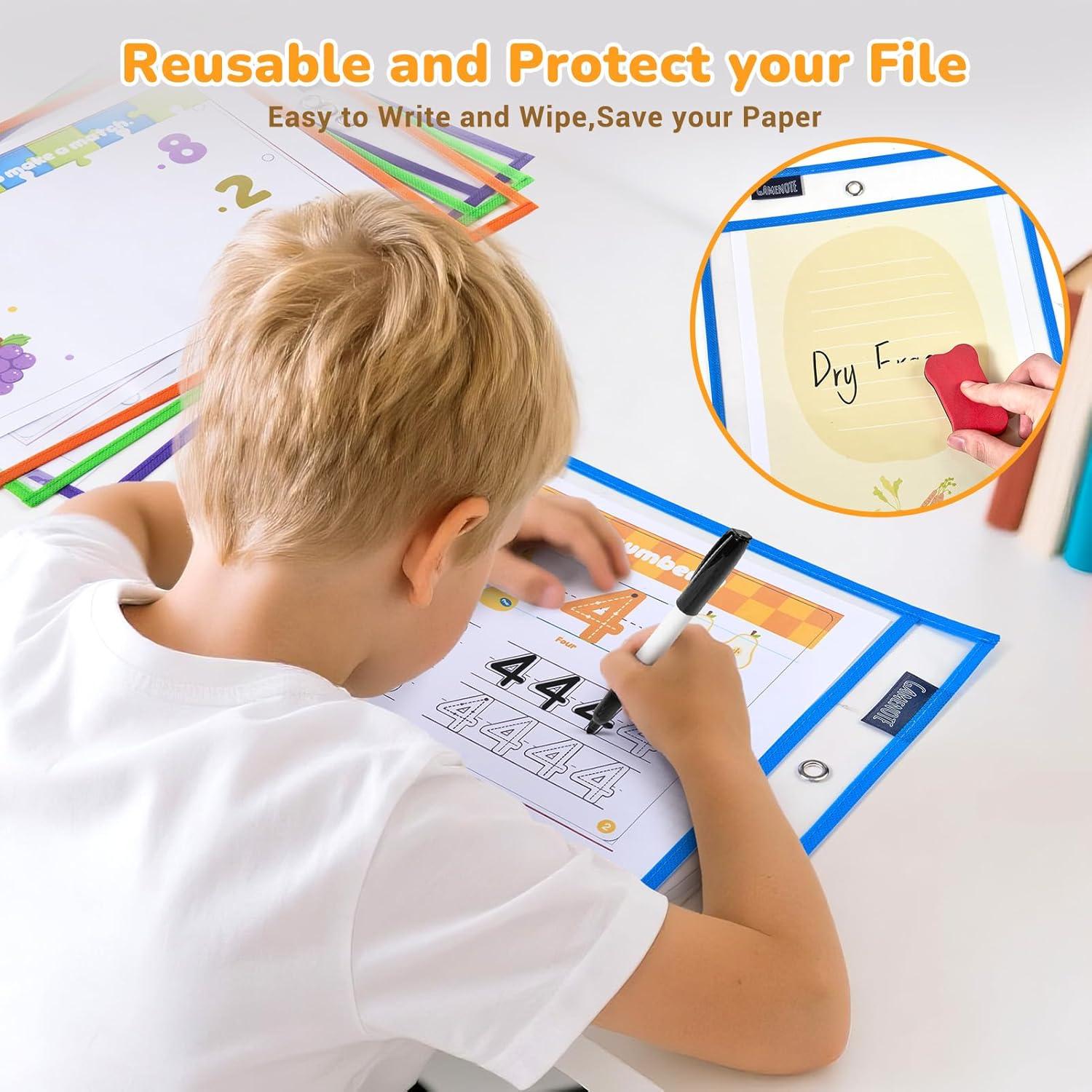 GAMENOTE Dry Erase Pockets 30 Pack with Rings & Giant Magnetic Dry Erase Notebook Paper