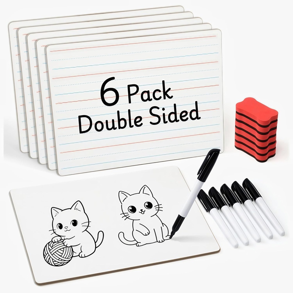 GAMENOTE 6 Pack Small Dry Erase Boards for Kids, 9×12 Double-Sided Lined and Blank Whiteboards with Markers & Erasers, for Classroom and Homeschool Writing Board(Lined Blank)