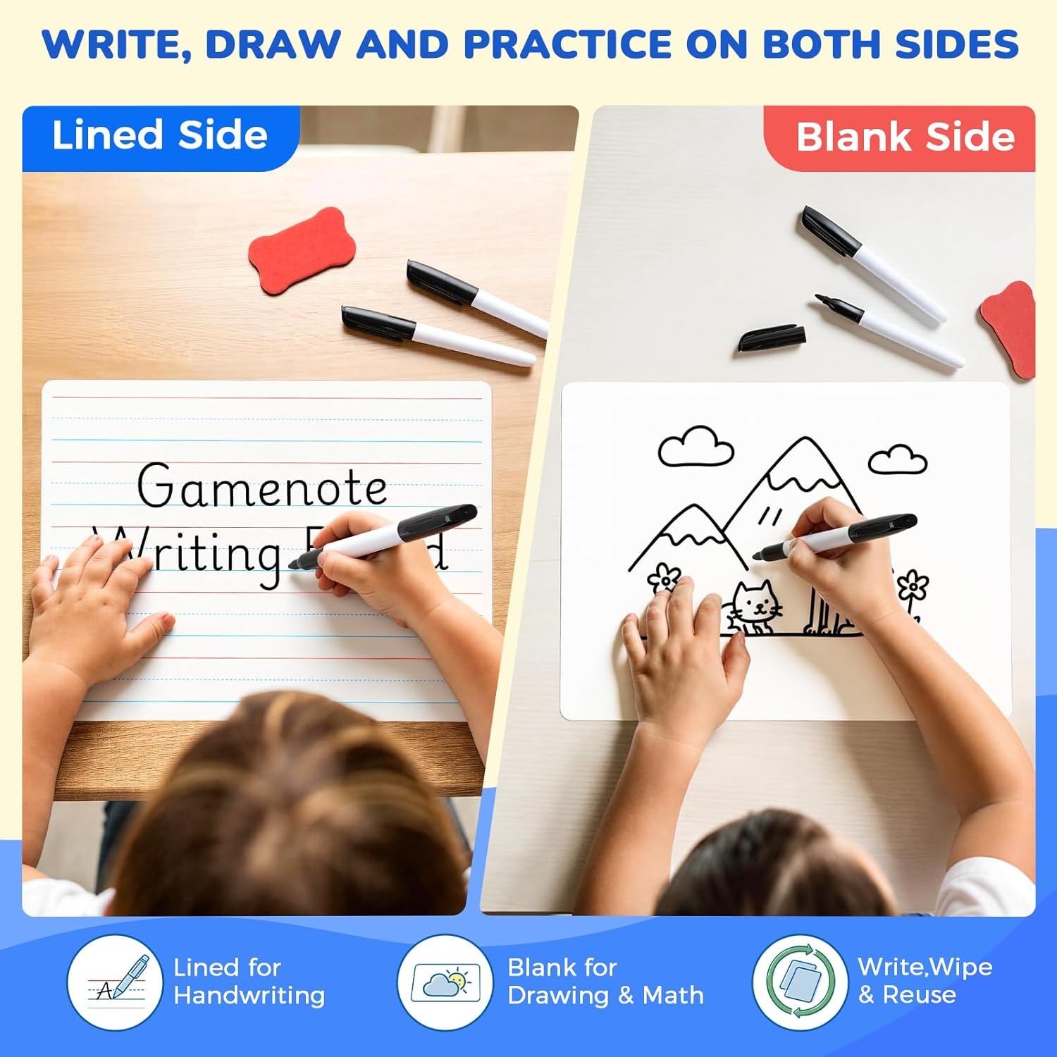 GAMENOTE 6 Pack Small Dry Erase Boards for Kids, 9×12 Double-Sided Lined and Blank Whiteboards with Markers & Erasers, for Classroom and Homeschool Writing Board(Lined Blank)