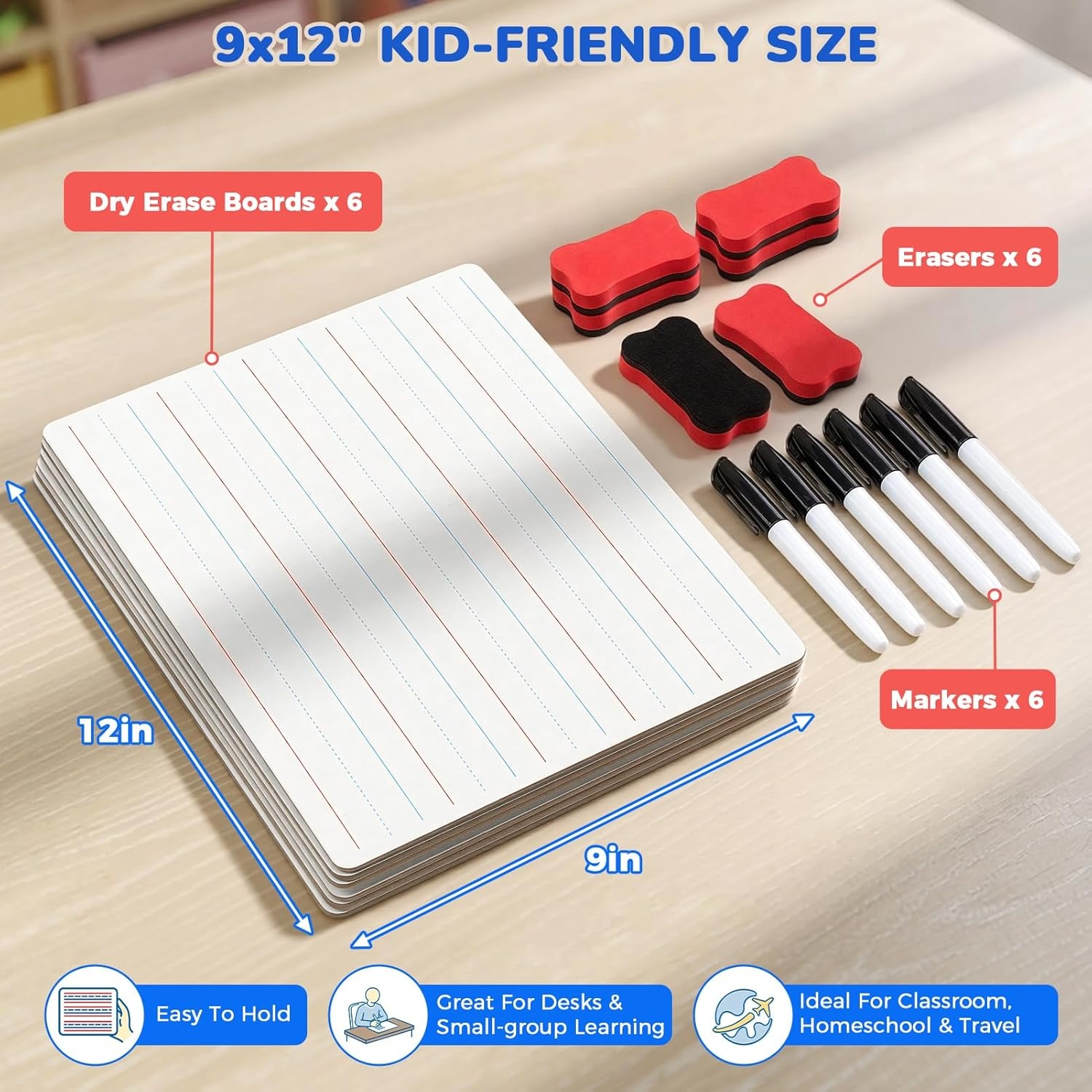 GAMENOTE 6 Pack Small Dry Erase Boards for Kids, 9×12 Double-Sided Lined and Blank Whiteboards with Markers & Erasers, for Classroom and Homeschool Writing Board(Lined Blank)