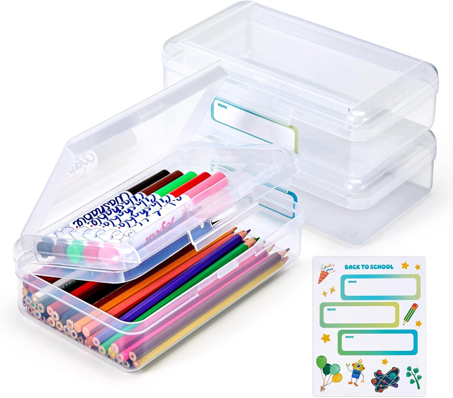 GAMENOTE Clear Plastic Storage Bins with Lids,Kids Hard Pencil Case with Snap-tight Lid,Storage Box for Classroom