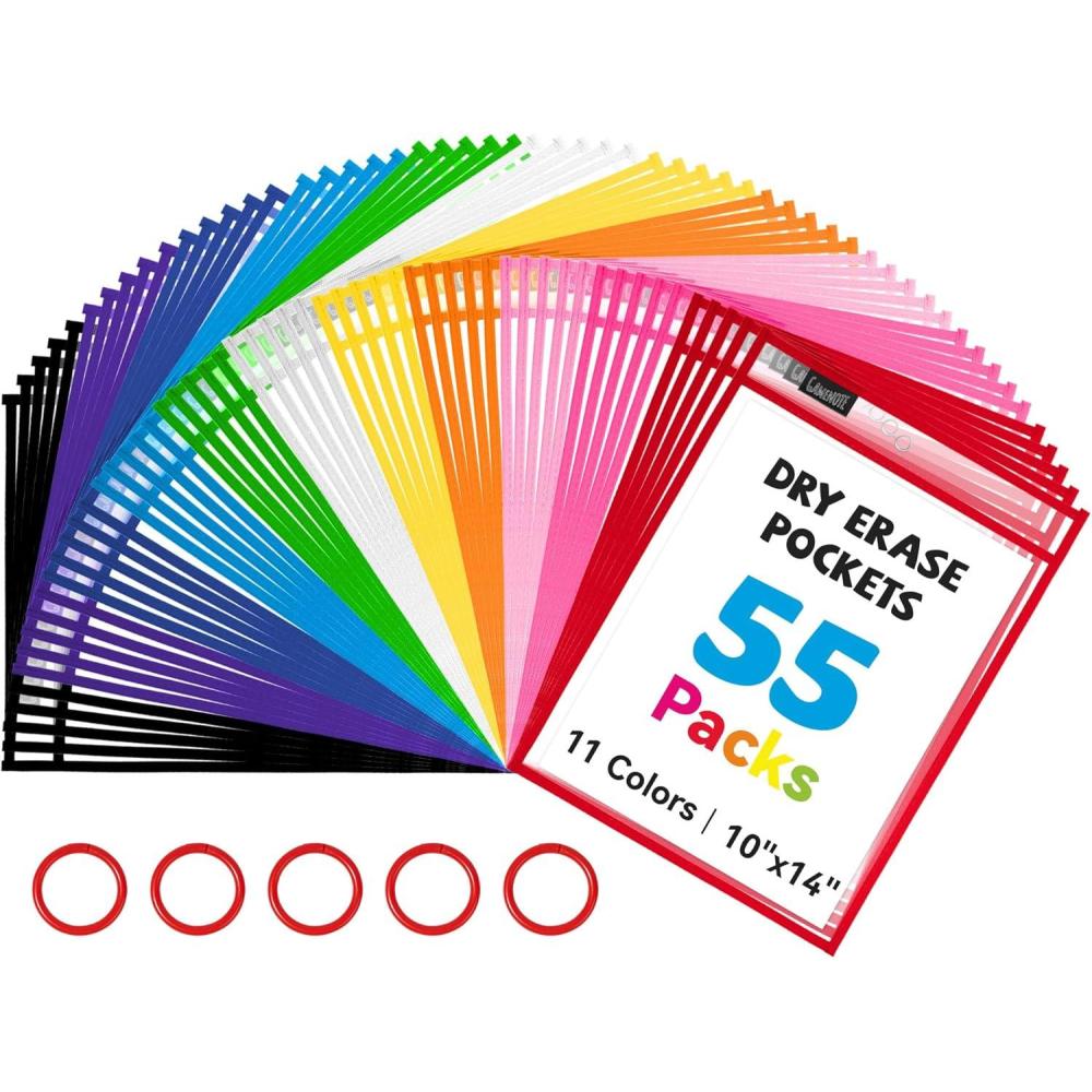 Gamenote 30 Pack Dry Erase Pockets with 5 Rings, 10 Assorted Colors 10×14 Oversized Reusable Plastic Sleeves, Clear Sheet Protectors, Teacher Supplies for Classroom Organization(55)