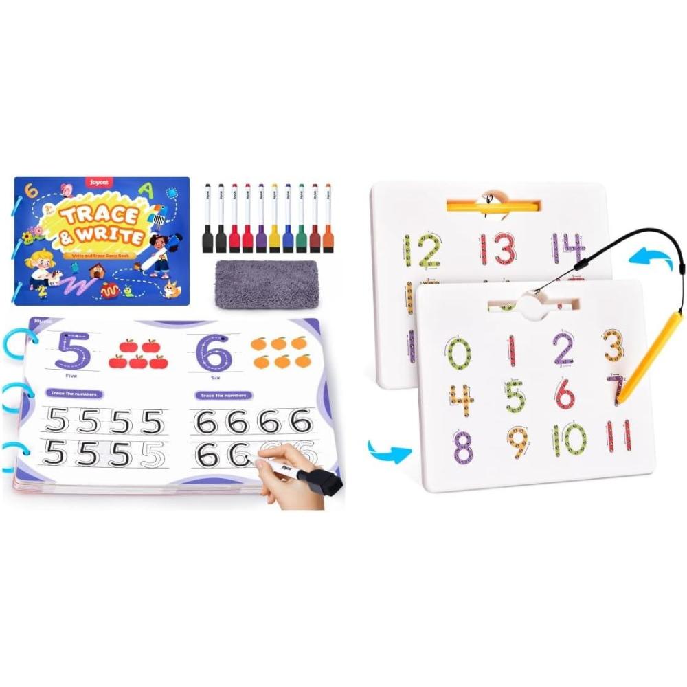 GAMENOTE Magnetic Number Tracing Board + JoyCat Preschool Learning Activities 48 Reusable Pages, Handwriting Practice for Kids Toddlers, Tracing Letter Number Workbooks