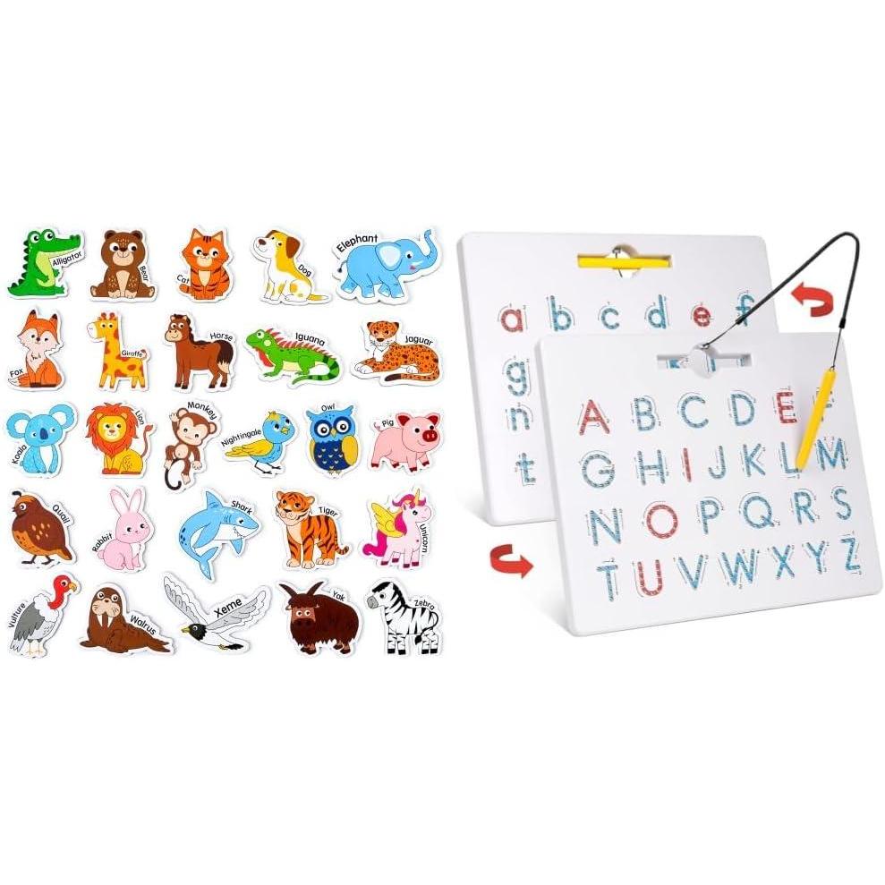 GAMENOTE JoyCat Wooden Magnets for Kids – 26 Cute A-Z Animals Fridge Magnets for Toddlers Double Sided Magnetic Letter Board