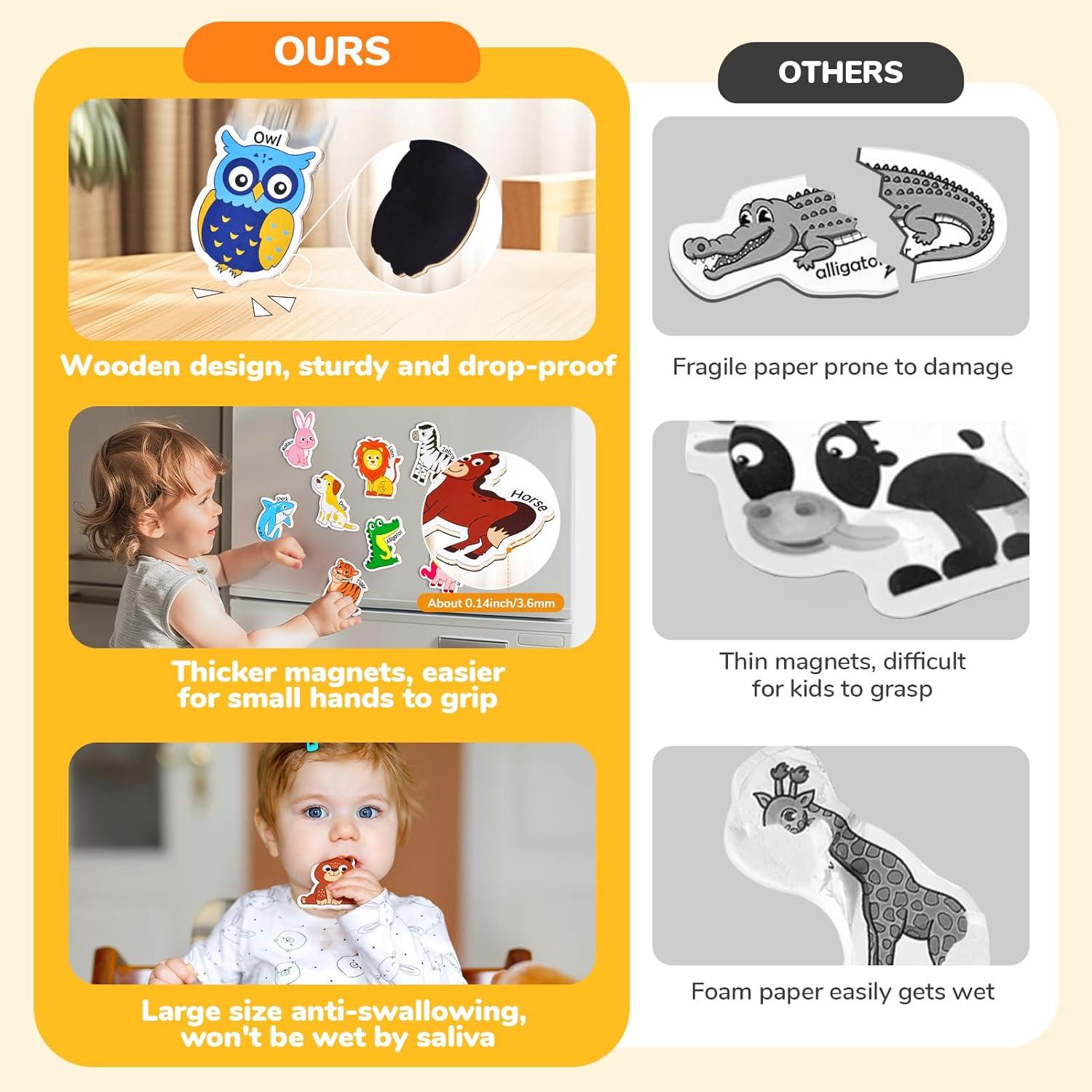 GAMENOTE JoyCat Wooden Magnets for Kids – 26 Cute A-Z Animals Fridge Magnets for Toddlers Double Sided Magnetic Letter Board
