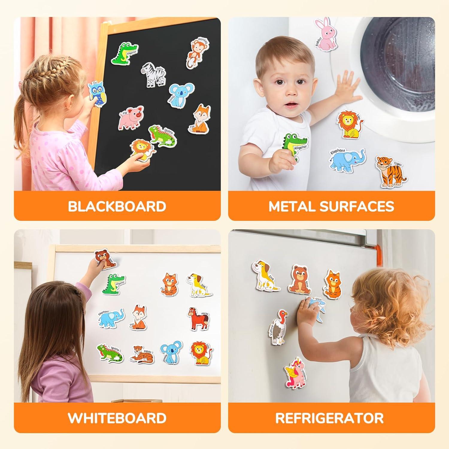 GAMENOTE JoyCat Wooden Magnets for Kids – 26 Cute A-Z Animals Fridge Magnets for Toddlers Double Sided Magnetic Letter Board