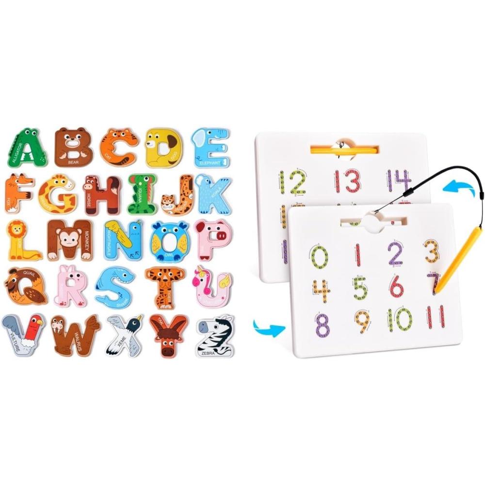 Gamenote Magnetic Number Tracing Board+JoyCat Magnetic Letters, Alphabet ABC Fridge Magnets for Toddlers & Kids,26 Uppercase Refrigerator Magnets