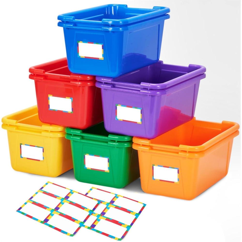 GAMENOTE 6 Quart Open-Top Storage Bins – 6 Pack Rainbow Plastic Stackable Bins for Classroom & Kids Toy Organization with Labeling Stickers, Opaque Shoe Box Size Containers for Crafts & Building (6)(12)