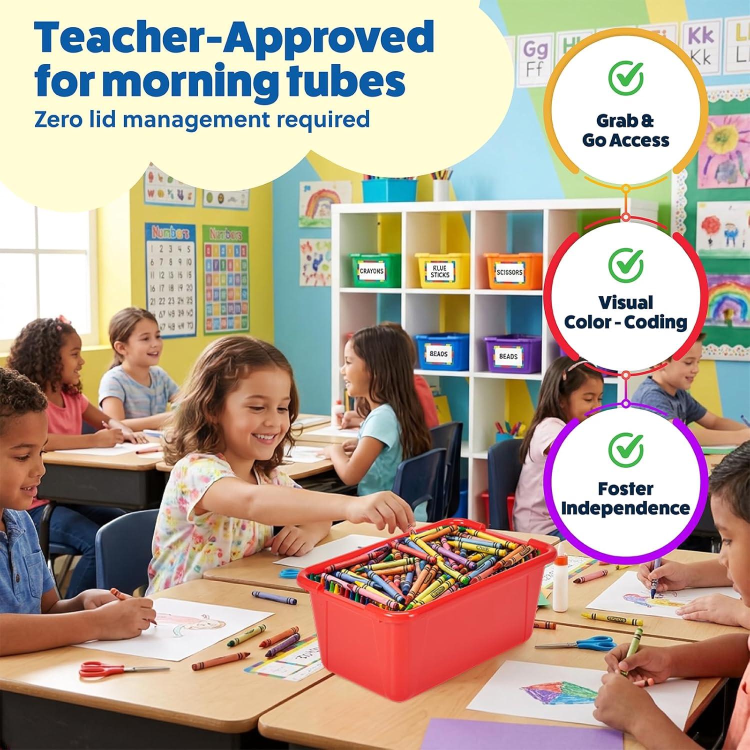 GAMENOTE 6 Quart Open-Top Storage Bins – 6 Pack Rainbow Plastic Stackable Bins for Classroom & Kids Toy Organization with Labeling Stickers, Opaque Shoe Box Size Containers for Crafts & Building (6)(12)