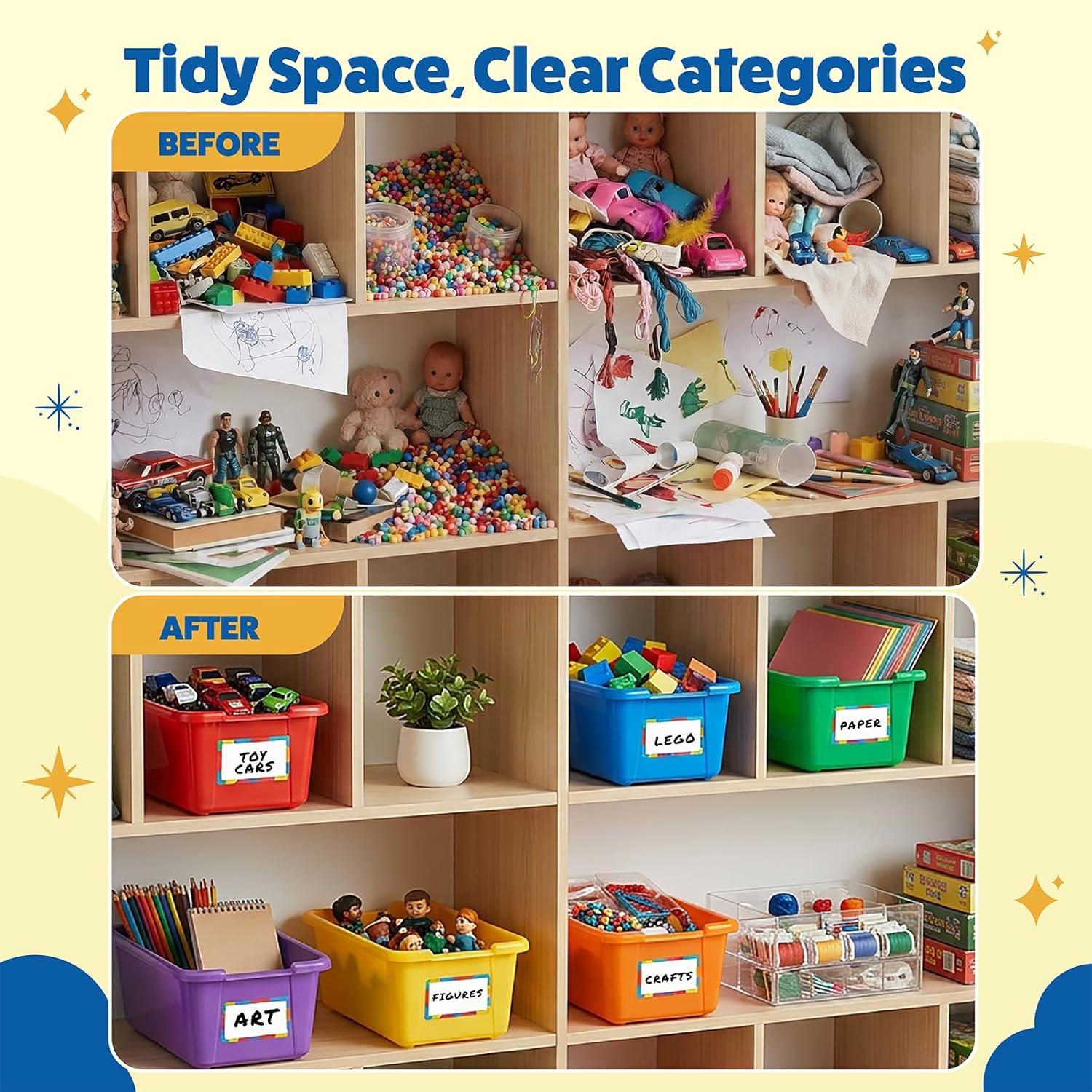 GAMENOTE 6 Quart Open-Top Storage Bins – 6 Pack Rainbow Plastic Stackable Bins for Classroom & Kids Toy Organization with Labeling Stickers, Opaque Shoe Box Size Containers for Crafts & Building (6)(12)