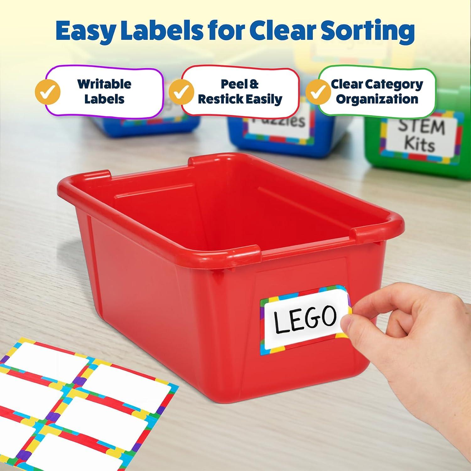 GAMENOTE 6 Quart Open-Top Storage Bins – 6 Pack Rainbow Plastic Stackable Bins for Classroom & Kids Toy Organization with Labeling Stickers, Opaque Shoe Box Size Containers for Crafts & Building (6)(12)