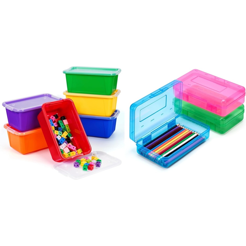 GAMENOTE Colored Plastic Storage Bins with Lids,Kids Large Hard Pencil Case with Snap-tight Lid,Storage Box for Classroom