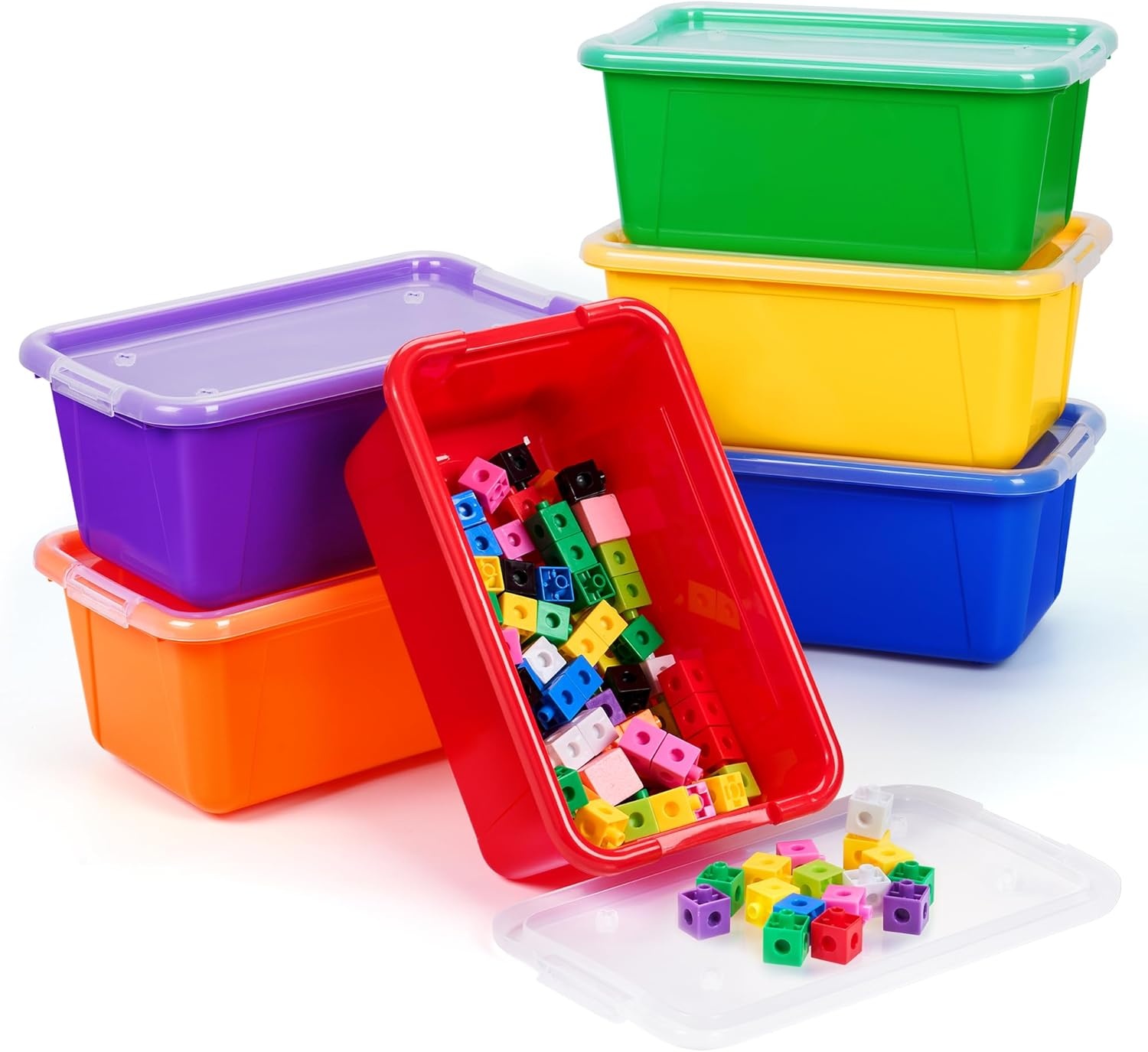 GAMENOTE Colored Plastic Storage Bins with Lids,Kids Large Hard Pencil Case with Snap-tight Lid,Storage Box for Classroom