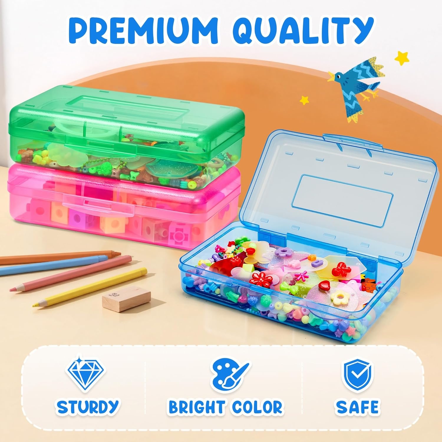 GAMENOTE Colored Plastic Storage Bins with Lids,Kids Large Hard Pencil Case with Snap-tight Lid,Storage Box for Classroom