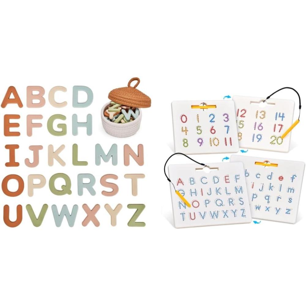 GAMENOTE Double Sided Magnetic Letter & Number Board Set + JoyCat Silicone Alphabet Magnetic Letters, 26 Uppercase ABC Fridge Magnets for Toddlers & Kids