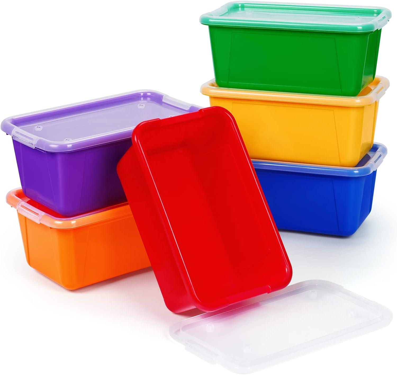 GAMENOTE Plastic Storage Bins with Lids – Multicolor & Clear – 5 Qt 6 Pack Small Cubby Bins Stackable Containers for Classroom Book Bin Toy Organizers – Organization and Storage Box