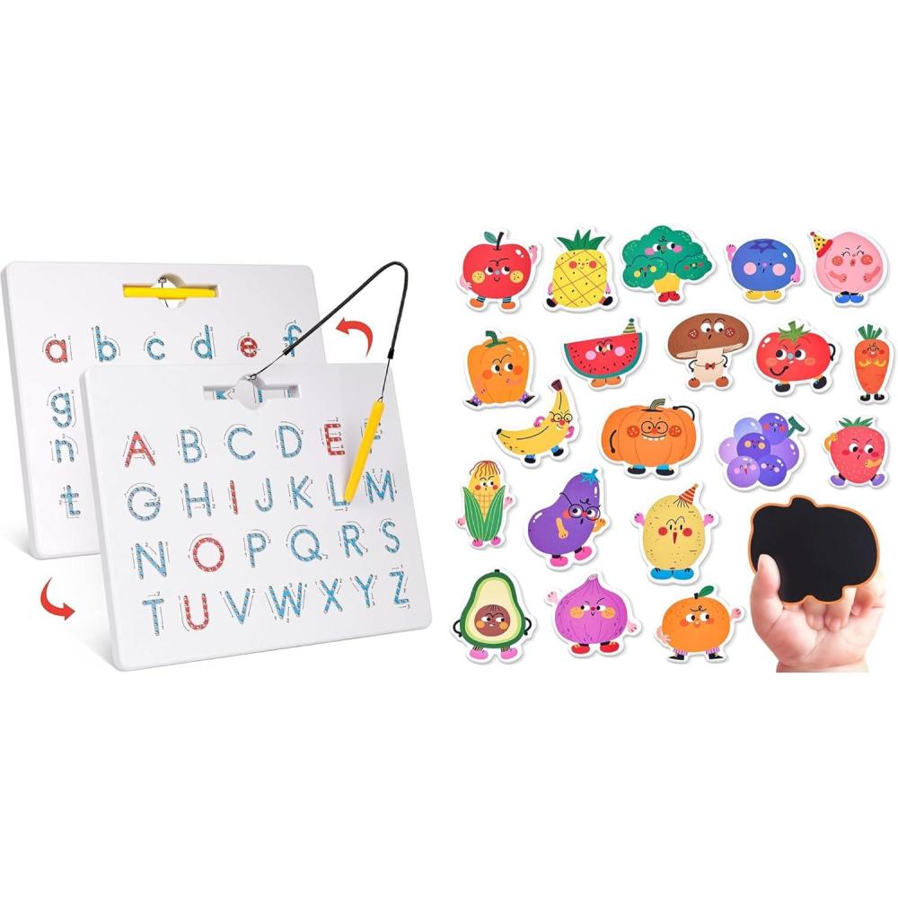 GAMENOTE Double Sided Magnetic Letter Board & Fruits Vegetables Food Cartoon Magnets for Kids