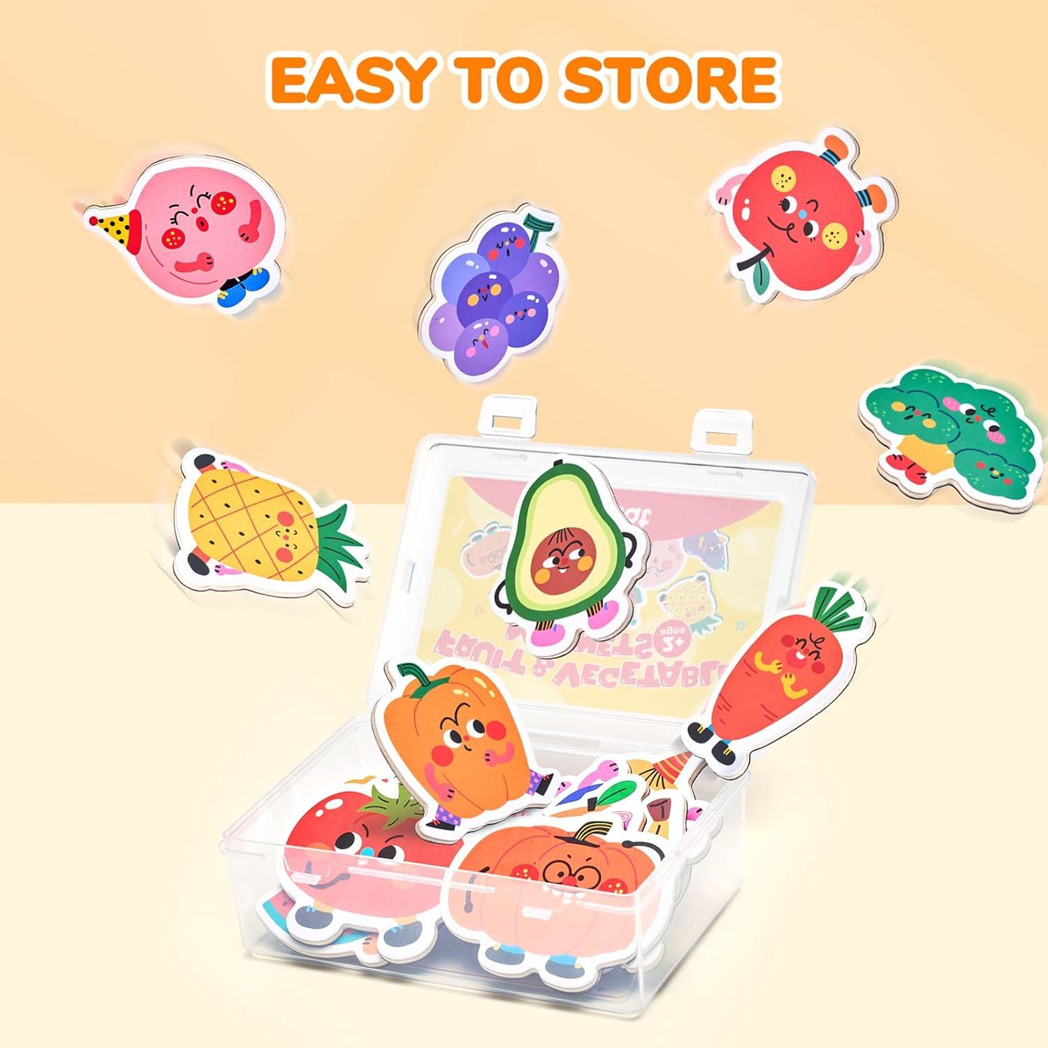 GAMENOTE Double Sided Magnetic Letter Board & Fruits Vegetables Food Cartoon Magnets for Kids
