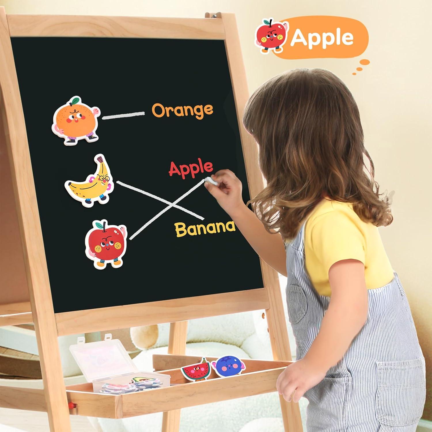 GAMENOTE Double Sided Magnetic Letter Board & Fruits Vegetables Food Cartoon Magnets for Kids