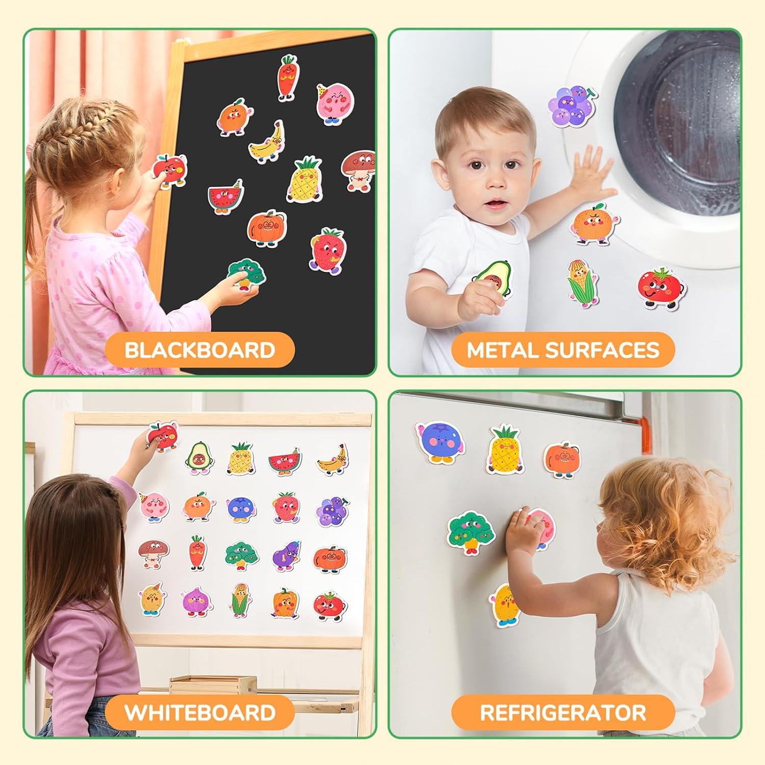 GAMENOTE Double Sided Magnetic Letter Board & Fruits Vegetables Food Cartoon Magnets for Kids