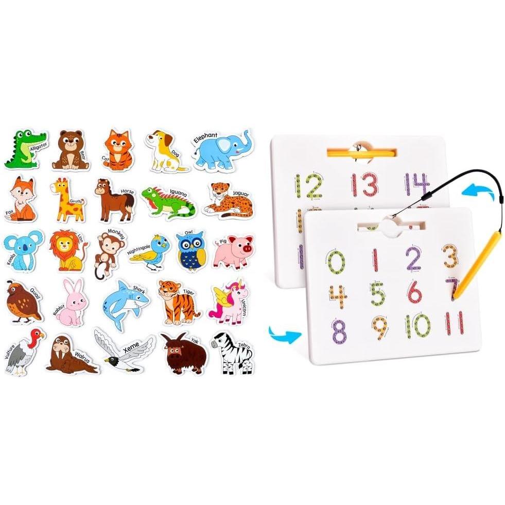 JoyCat Wooden Magnets for Kids – 26 Cute A-Z Animals Fridge Magnets for Toddlers + GAMENOTE Magnetic Number Tracing Board