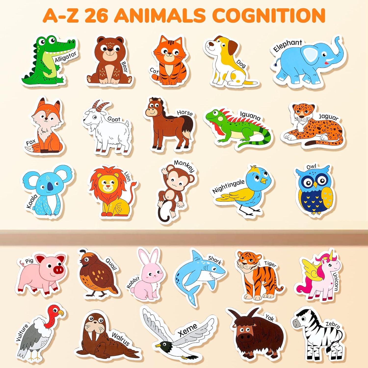 JoyCat Wooden Magnets for Kids – 26 Cute A-Z Animals Fridge Magnets for Toddlers + GAMENOTE Magnetic Number Tracing Board