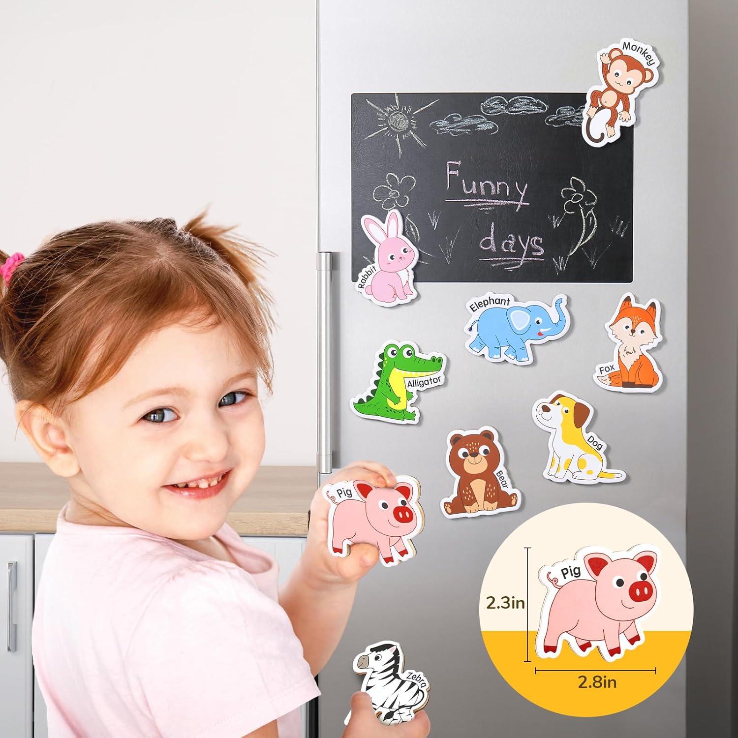 JoyCat Wooden Magnets for Kids – 26 Cute A-Z Animals Fridge Magnets for Toddlers + GAMENOTE Magnetic Number Tracing Board