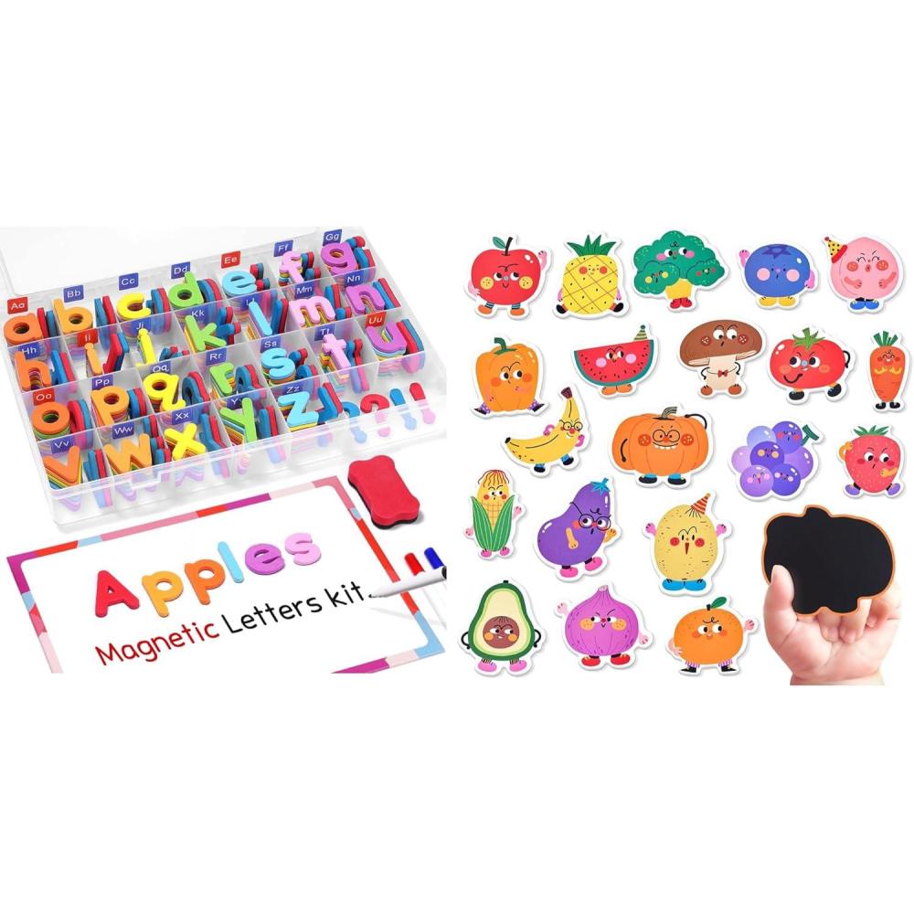 JoyCat Wooden Fridge Magnets for Toddlers & Kids – 20 Cute Fruits & Vegetables Food Cartoon Magnets & Magnetic Alphabet Letters Kit 238 Pcs with Double – Side Magnet Board