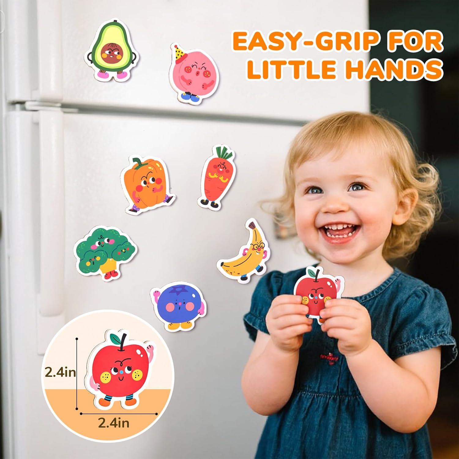 JoyCat Wooden Fridge Magnets for Toddlers & Kids – 20 Cute Fruits & Vegetables Food Cartoon Magnets & Magnetic Alphabet Letters Kit 238 Pcs with Double – Side Magnet Board