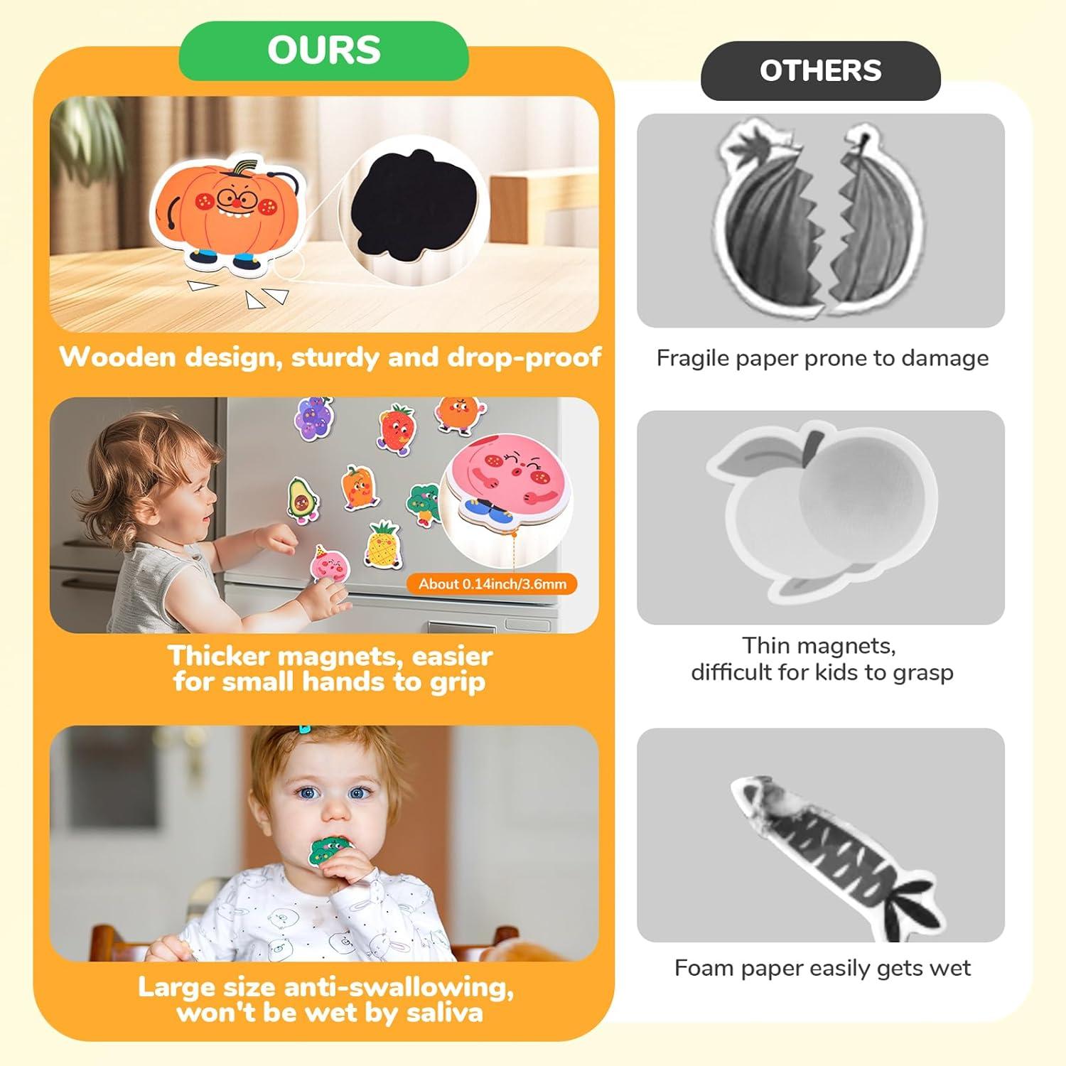 JoyCat Wooden Fridge Magnets for Toddlers & Kids – 20 Cute Fruits & Vegetables Food Cartoon Magnets & Magnetic Alphabet Letters Kit 238 Pcs with Double – Side Magnet Board