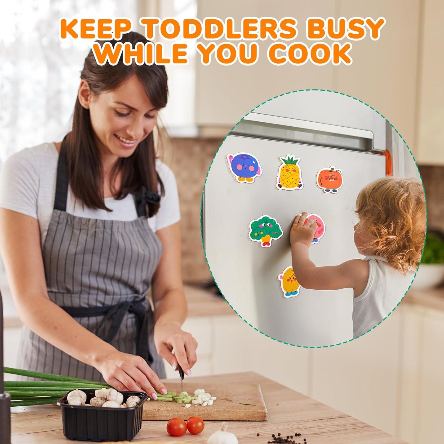 JoyCat Wooden Fridge Magnets for Toddlers & Kids – 20 Cute Fruits & Vegetables Food Cartoon Magnets & Magnetic Alphabet Letters Kit 238 Pcs with Double – Side Magnet Board