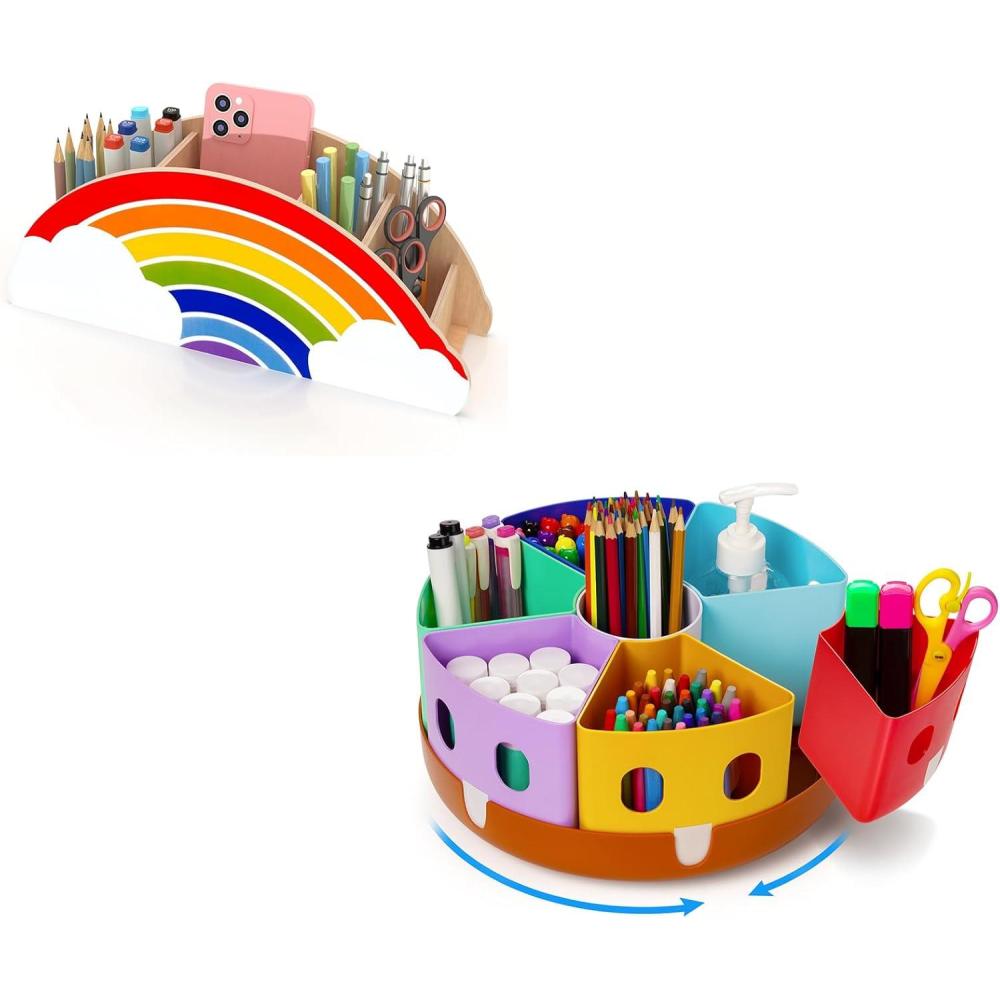 GAMENOTE Wooden Rainbow Pen Holder & Pencil Holders & Rotating Art Supplies Organizer