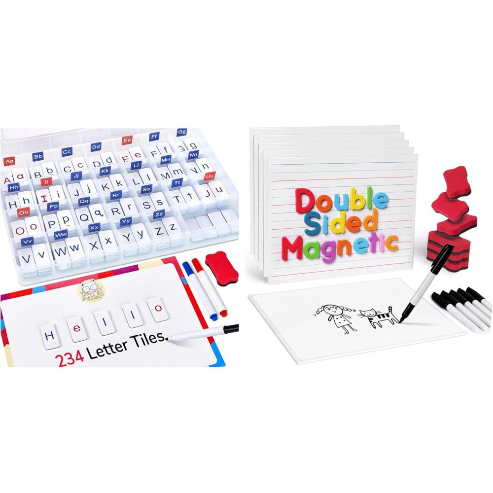 GAMENOTE White Board Dry Erase+Classroom Magnetic Letter Tiles for Phonics and Spelling-JoyCat 234 Foam Alphabet Tiles Magnetic Letters with Double-Side Magnet Board and Compartment Storage Case