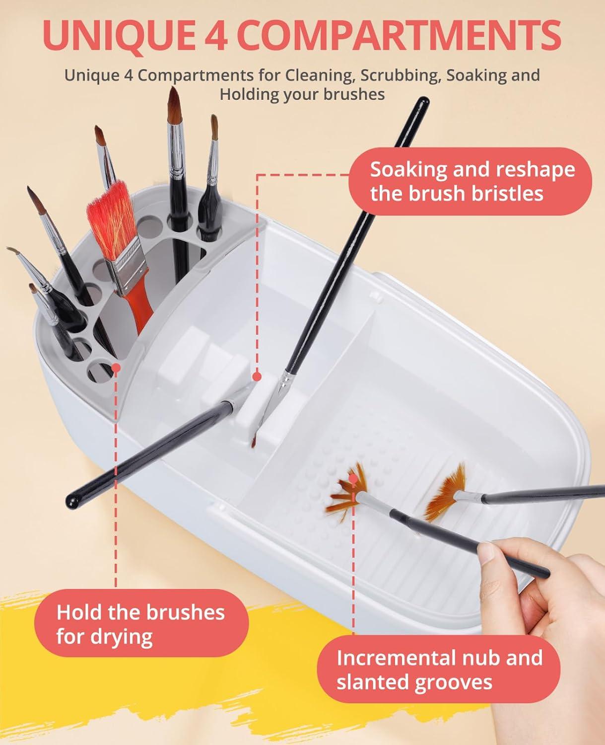GAMENOTE Paint Brush Cleaner – Paint Brush Holder with Palette and Handle,Rinser for Acrylic, Watercolor, and Water-Based Paints, Painting Art Supply Storage Organizer (White+Grey)(White)