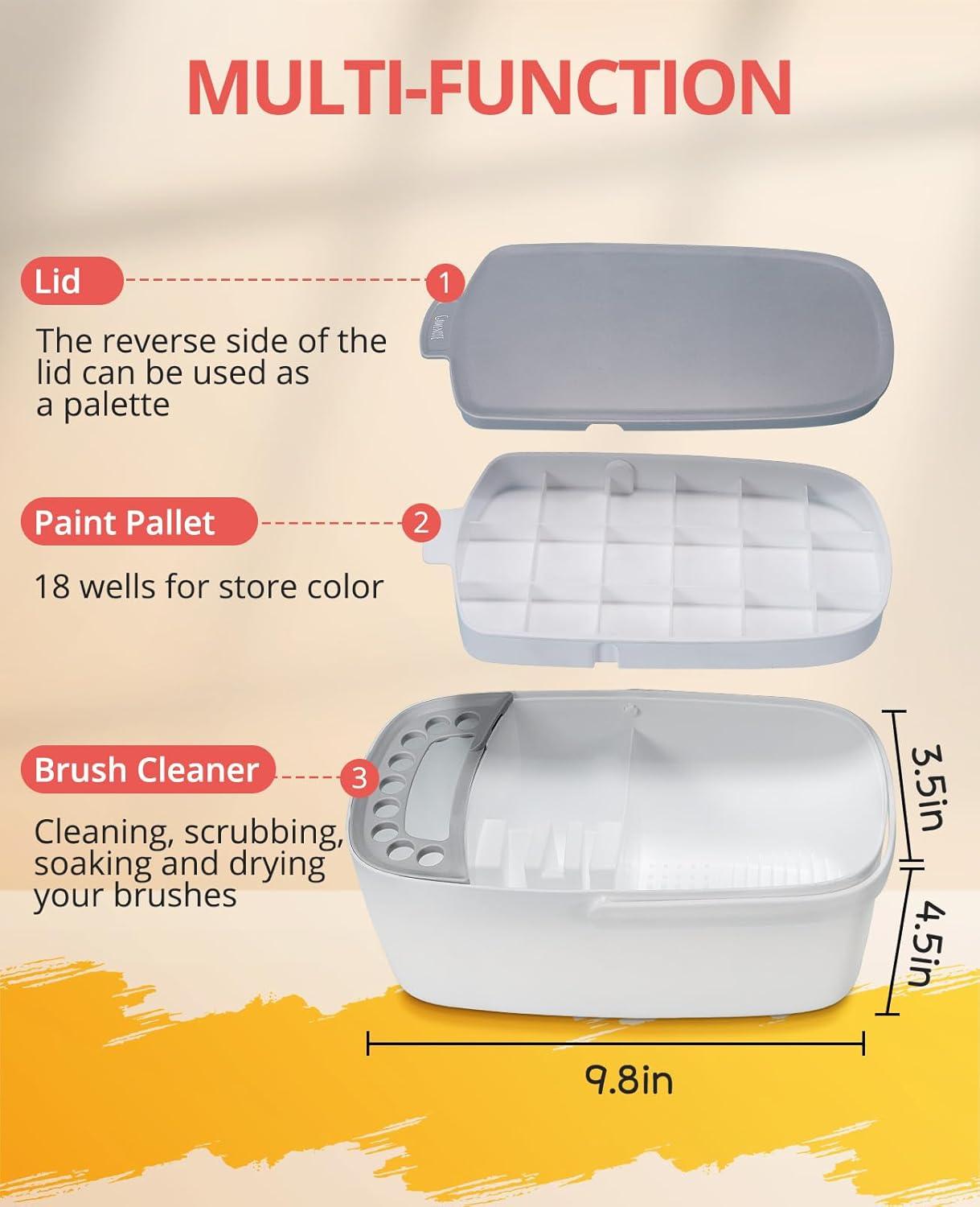 GAMENOTE Paint Brush Cleaner – Paint Brush Holder with Palette and Handle,Rinser for Acrylic, Watercolor, and Water-Based Paints, Painting Art Supply Storage Organizer (White+Grey)(White)