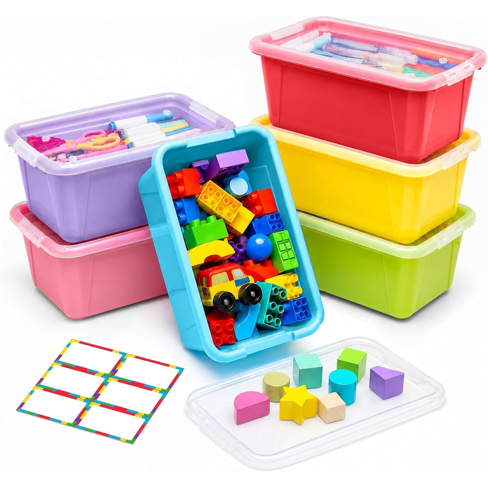 GAMENOTE 6 Quart Storage Bins with Lids, Plastic Latching Box for Classroom & Kids Toy Storage,Stackable Shoe Box Size Containers for STEM Morning Tubs, Crafts & Blocks (6, Macaron)(Macaron)