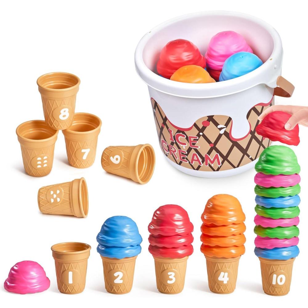 JoyCat Ice Cream Preschool Learning Activities Counting and Color Sorting Set Stacking Toys for Kids 3-5, Educational Fine Motor Skills Toys, 65PCS Math Manipulatives Resources Food for Valentine Gift(Red Learning Bucket Set(20 ice cream scoops&10 ice crea