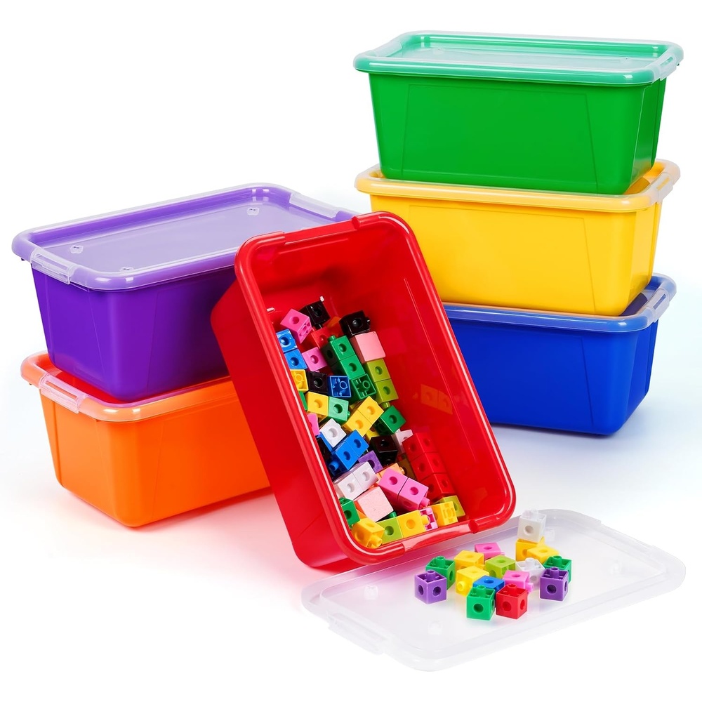 GAMENOTE 6 Quart Storage Bins with Lids, Plastic Latching Box for Classroom & Kids Toy Storage,Stackable Shoe Box Size Containers for STEM Morning Tubs, Crafts & Blocks (6, Macaron)(Colorful)