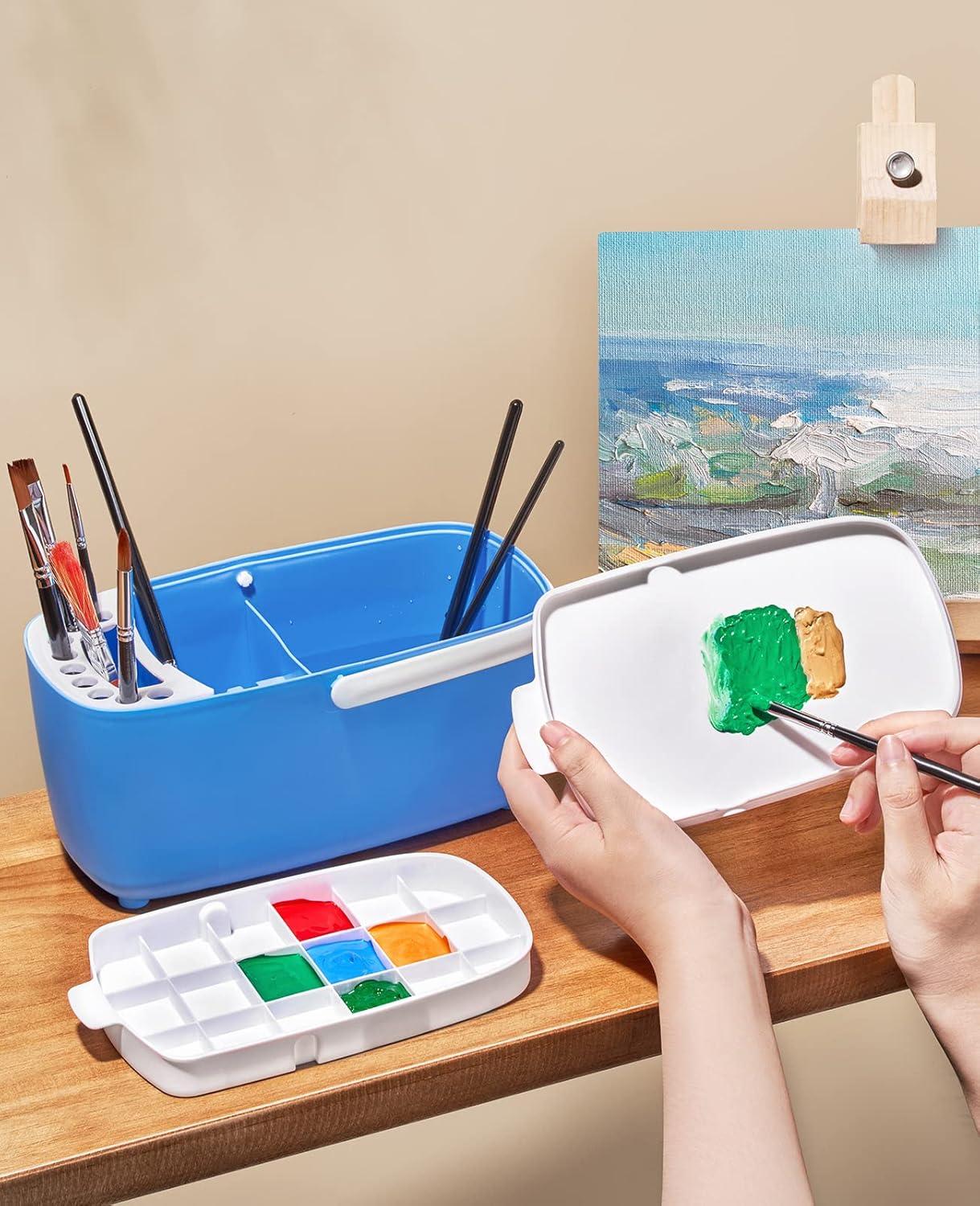 GAMENOTE Paint Brush Cleaner – Paint Brush Holder with Palette and Handle,Rinser for Acrylic, Watercolor, and Water-Based Paints, Painting Art Supply Storage Organizer (White+Grey)(Blue)