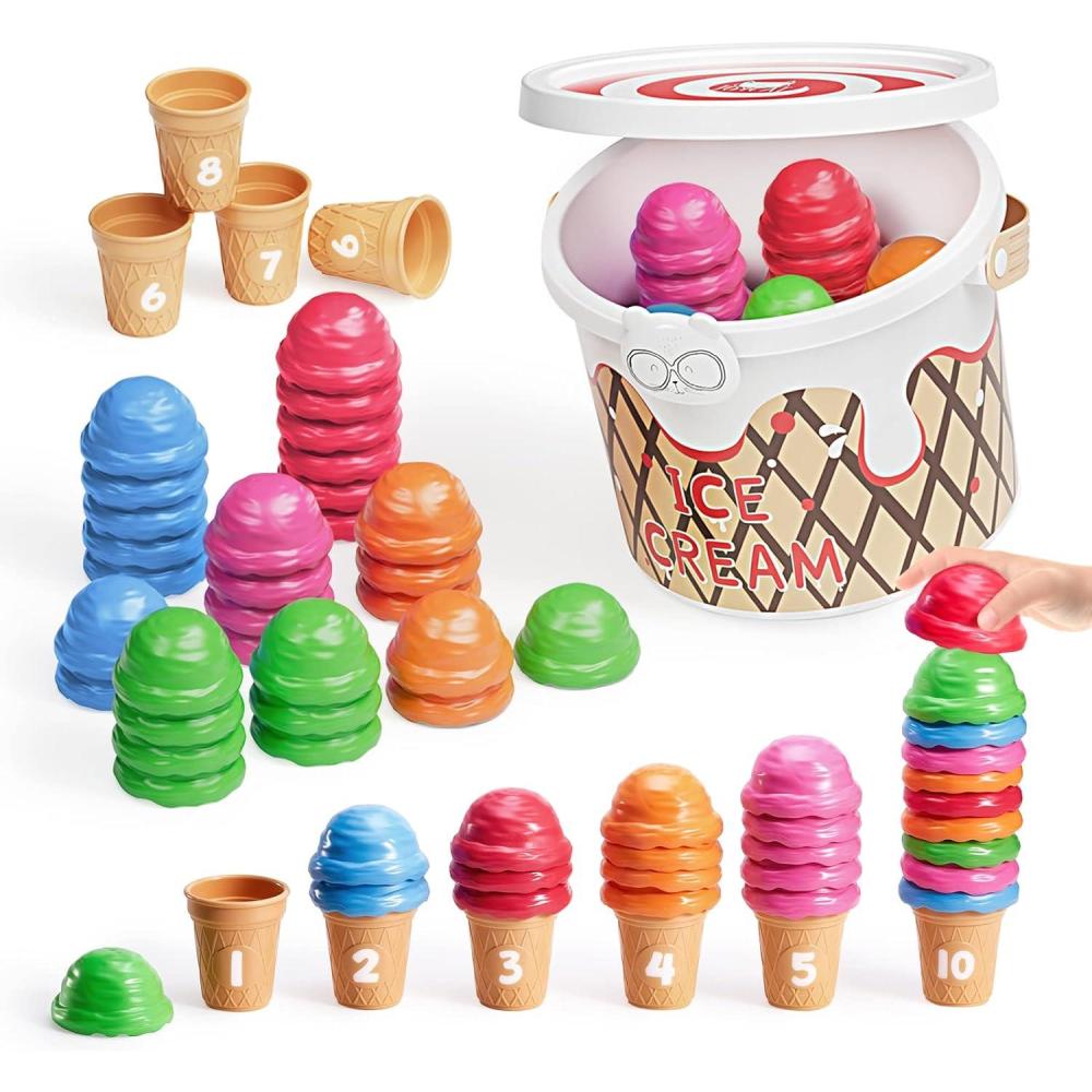 JoyCat Ice Cream Preschool Learning Activities Counting and Color Sorting Set Stacking Toys for Kids 3-5, Educational Fine Motor Skills Toys, 65PCS Math Manipulatives Resources Food for Valentine Gift(White Learning Bucket Set(55 ice cream scoops&10 ice cr