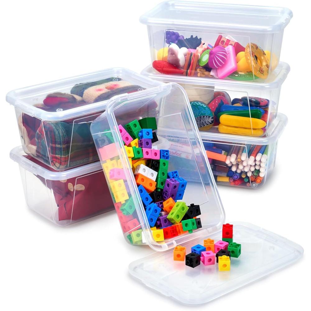 GAMENOTE 6 Quart Storage Bins with Lids-6 Pack Rainbow Plastic Latching Box for Classroom&Kids Toy Storage Opaque Stackable Shoe Box Size Containers for STEM Morning Tubs, Crafts & Building Blocks(6)