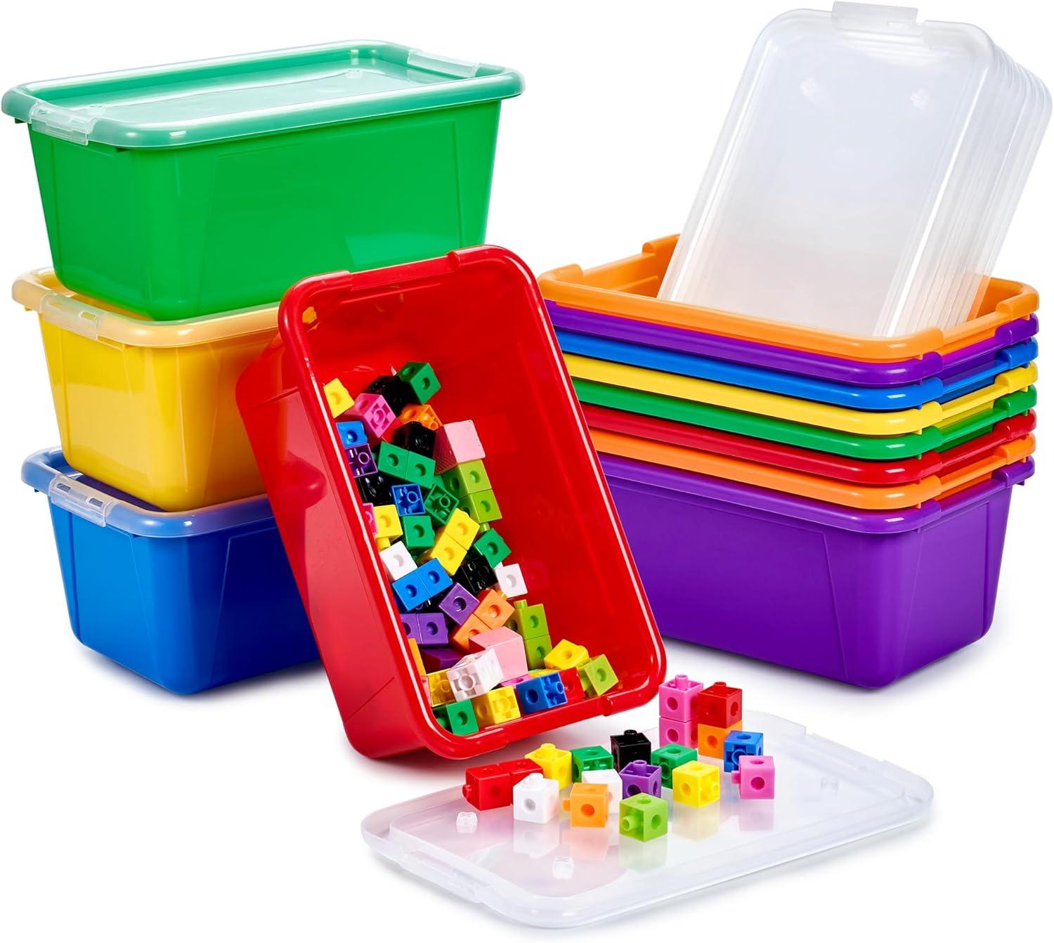 GAMENOTE 6 Quart Storage Bins with Lids-6 Pack Rainbow Plastic Latching Box for Classroom&Kids Toy Storage Opaque Stackable Shoe Box Size Containers for STEM Morning Tubs, Crafts & Building Blocks(12)