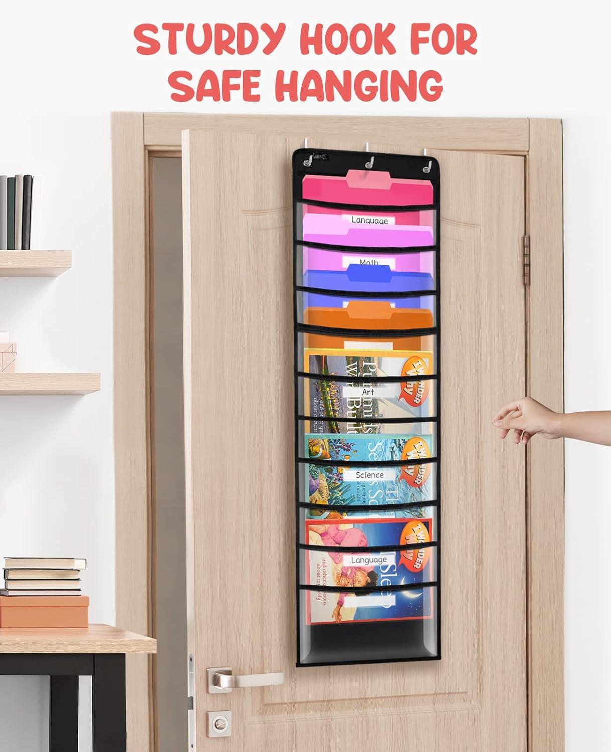 Gamenote 10 Pockets Hanging Wall File Organizer for Office and Classroom, Clear Storage Pocket Chart for Files Folder, Magazines, Papers & More, 3 Over Door Hangers & 10 Name Cards Included